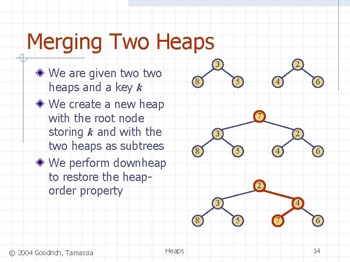 Merging Two Heaps We are given two heaps and a key k We create