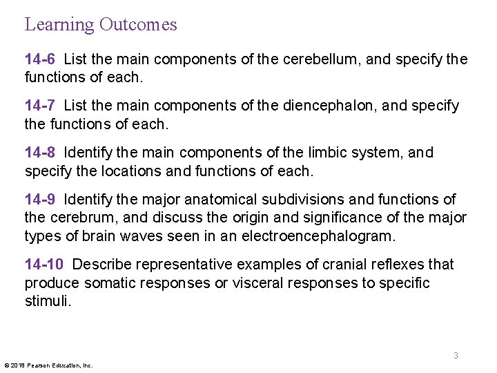 Learning Outcomes 14 -6 List the main components of the cerebellum, and specify the