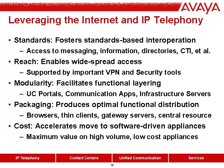 Leveraging the Internet and IP Telephony • Standards: Fosters standards-based interoperation – Access to Leveraging the Internet and IP Telephony • Standards: Fosters standards-based interoperation – Access to