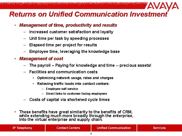 Returns on Unified Communication Investment • Management of time, productivity and results – Increased Returns on Unified Communication Investment • Management of time, productivity and results – Increased