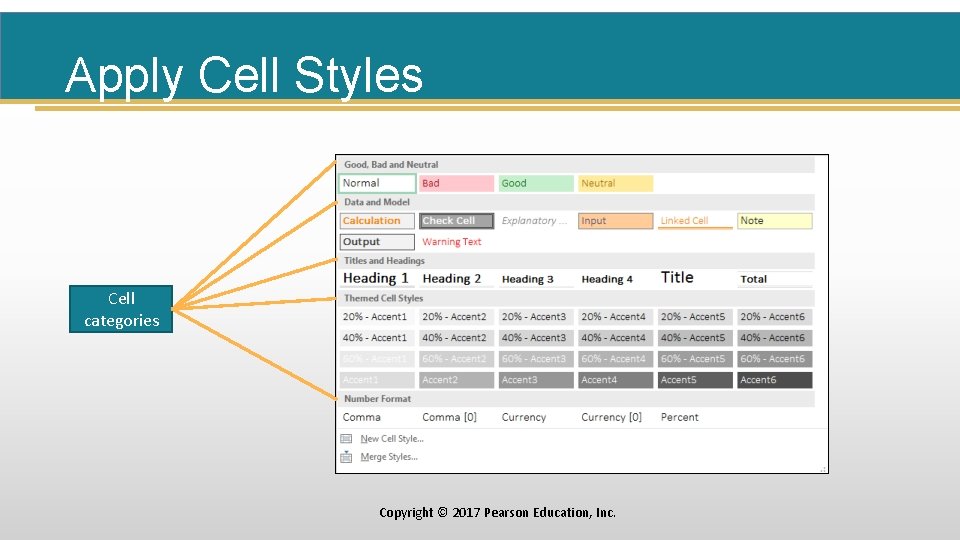 Apply Cell Styles Cell categories Copyright © 2017 Pearson Education, Inc. 