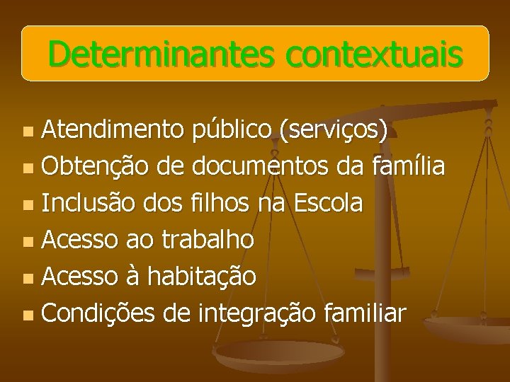 Determinantes contextuais Atendimento público (serviços) n Obtenção de documentos da família n Inclusão dos