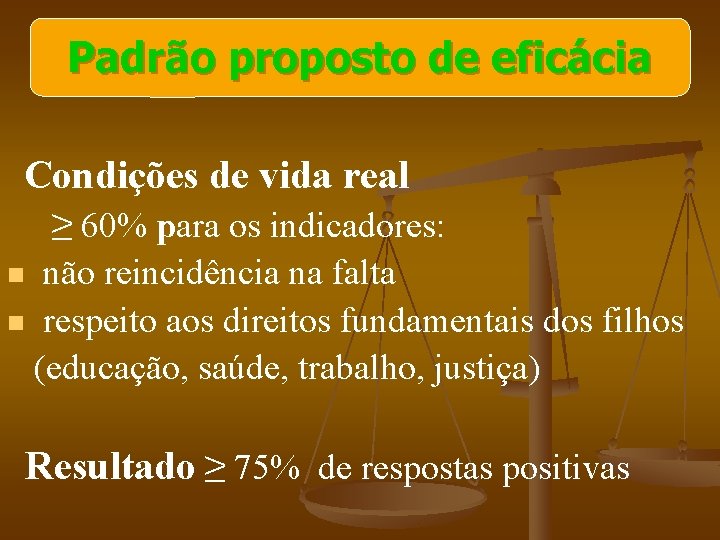 Padrão proposto de eficácia Condições de vida real ≥ 60% para os indicadores: n