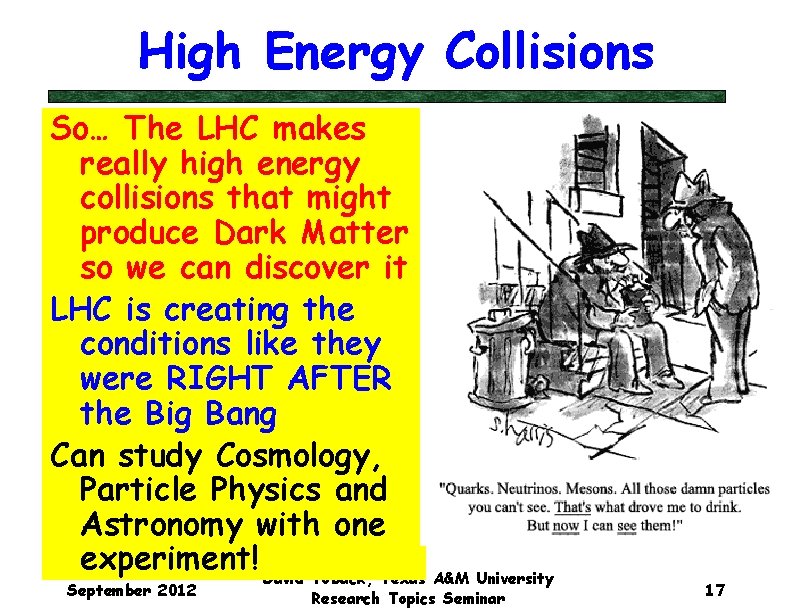 High Energy Collisions So… The LHC makes really high energy collisions that might produce