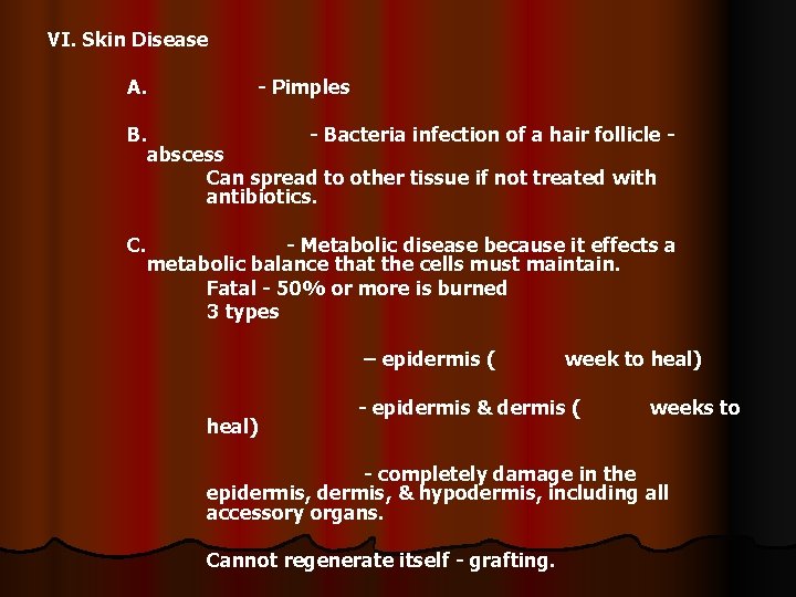 VI. Skin Disease A. B. C. - Pimples - Bacteria infection of a hair