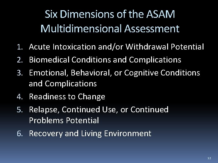 Six Dimensions of the ASAM Multidimensional Assessment 1. Acute Intoxication and/or Withdrawal Potential 2.