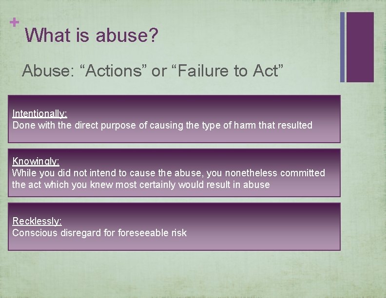 + What is abuse? Abuse: “Actions” or “Failure to Act” Intentionally: Done with the