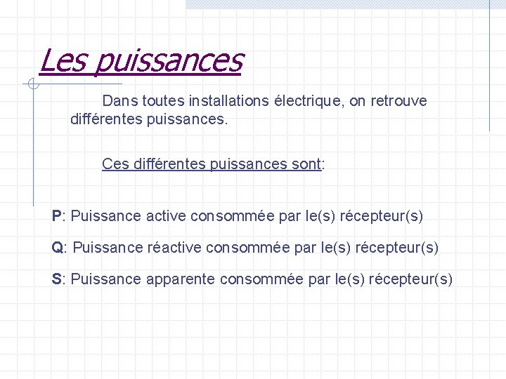 Les puissances Dans toutes installations électrique, on retrouve différentes puissances. Ces différentes puissances sont: