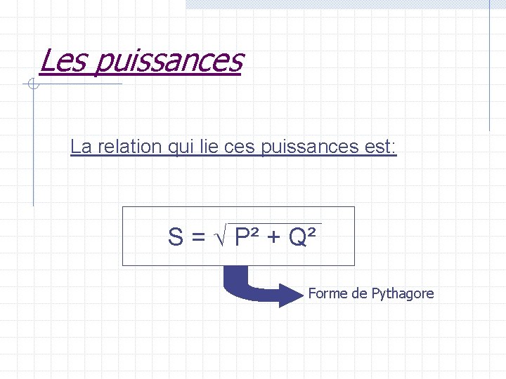 Les puissances La relation qui lie ces puissances est: S = P² + Q²