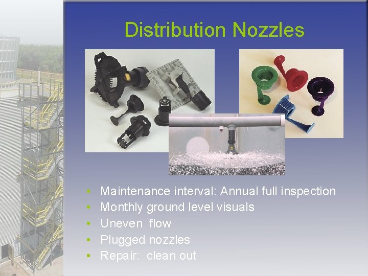 Distribution Nozzles • • • Maintenance interval: Annual full inspection Monthly ground level visuals