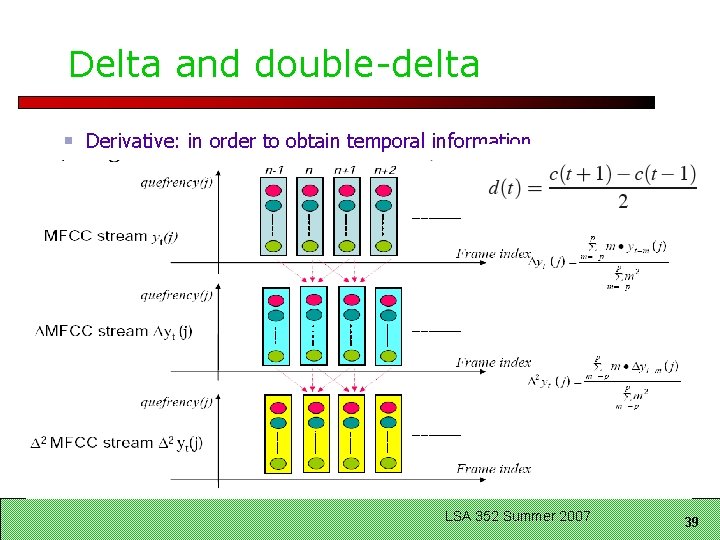 Delta and double-delta Derivative: in order to obtain temporal information LSA 352 Summer 2007