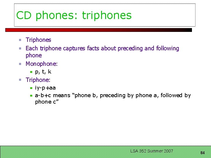 CD phones: triphones Triphones Each triphone captures facts about preceding and following phone Monophone: