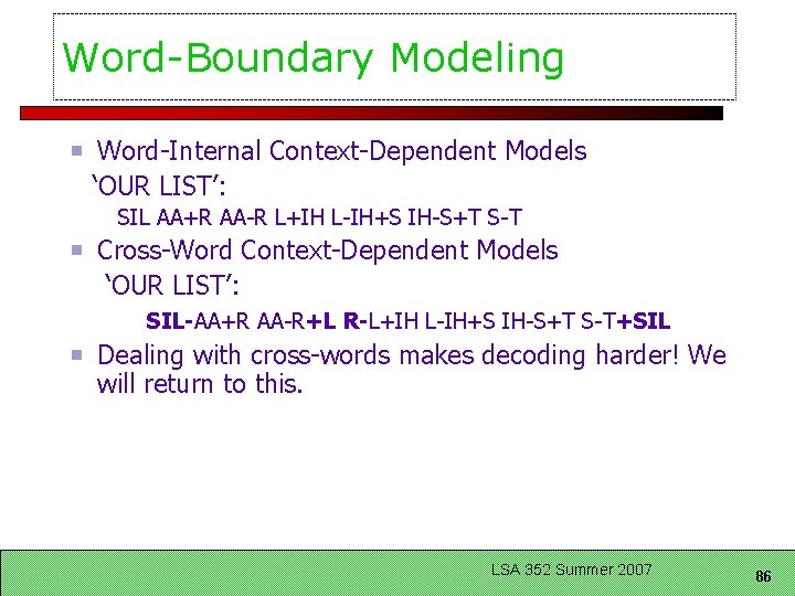 Word-Boundary Modeling Word-Internal Context-Dependent Models ‘OUR LIST’: SIL AA+R AA-R L+IH L-IH+S IH-S+T S-T