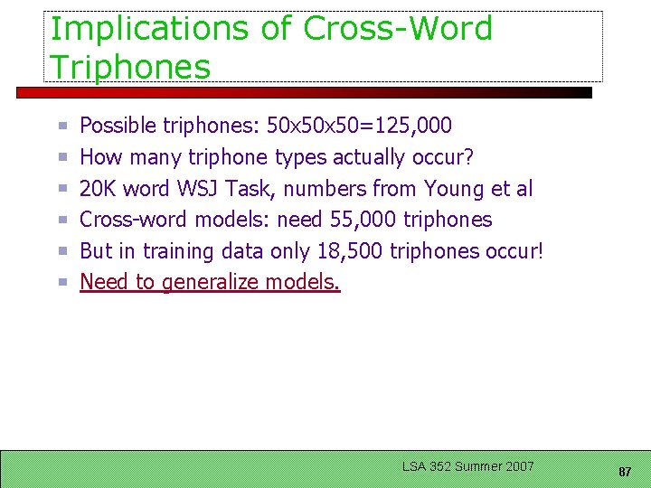 Implications of Cross-Word Triphones Possible triphones: 50 x 50=125, 000 How many triphone types