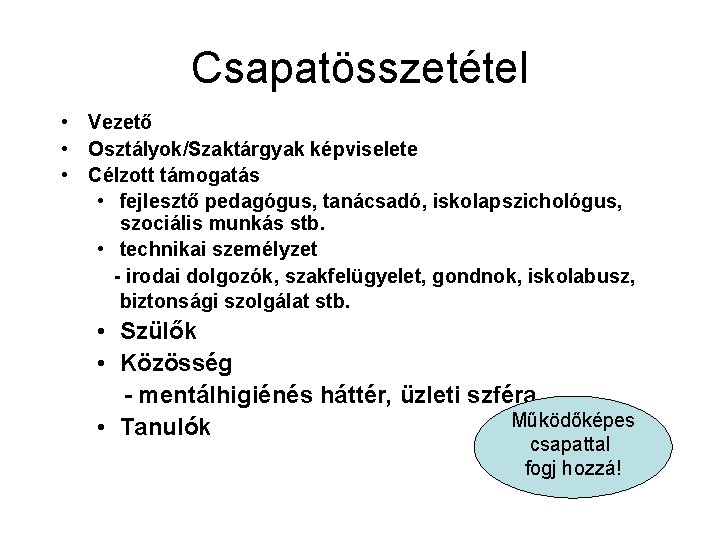 Csapatösszetétel • Vezető • Osztályok/Szaktárgyak képviselete • Célzott támogatás • fejlesztő pedagógus, tanácsadó, iskolapszichológus,
