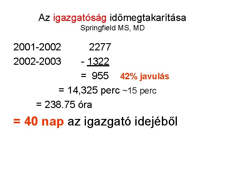 Az igazgatóság időmegtakarítása Springfield MS, MD 2001 -2002 -2003 2277 - 1322 = 955