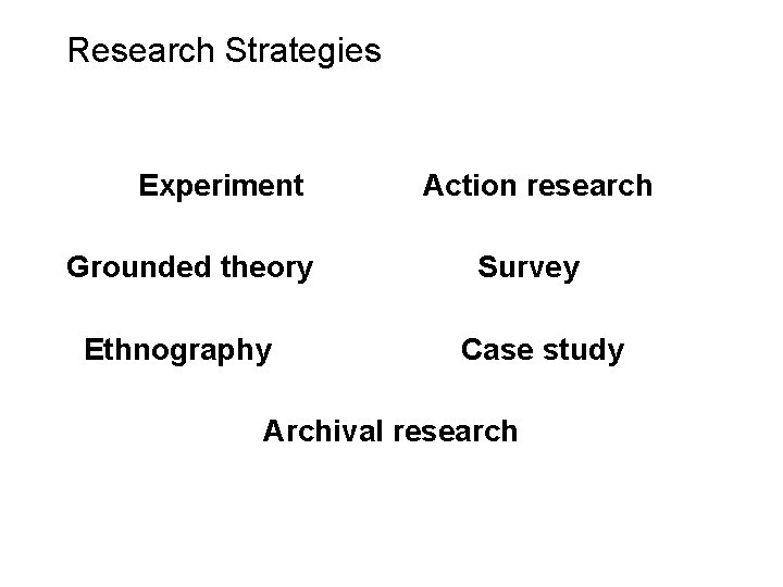 Slide 5. 8 Research Strategies Experiment Grounded theory Ethnography Action research Survey Case study
