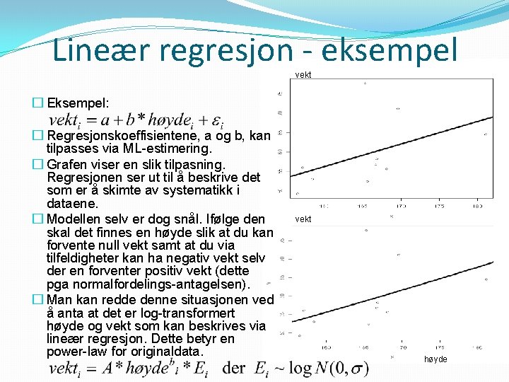 Lineær regresjon - eksempel vekt � Eksempel: � Regresjonskoeffisientene, a og b, kan tilpasses