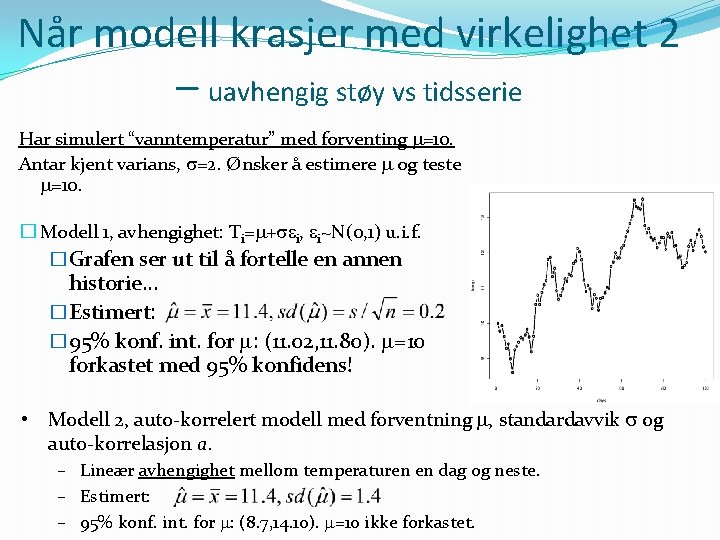 Når modell krasjer med virkelighet 2 – uavhengig støy vs tidsserie Har simulert “vanntemperatur”