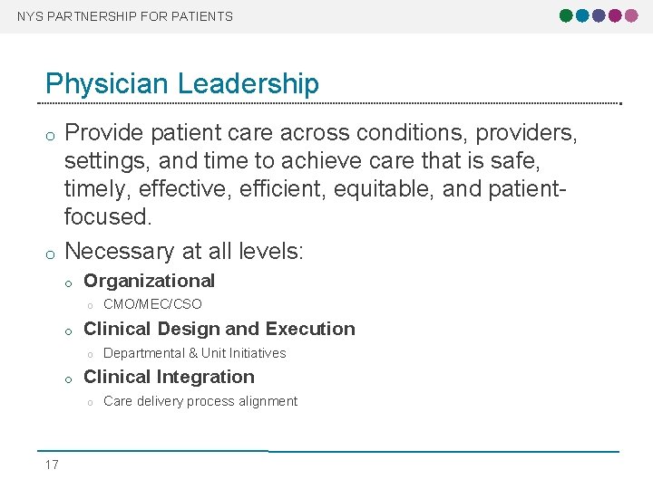 NYS PARTNERSHIP FOR PATIENTS Physician Leadership o o Provide patient care across conditions, providers, NYS PARTNERSHIP FOR PATIENTS Physician Leadership o o Provide patient care across conditions, providers,