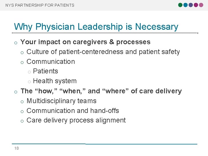 NYS PARTNERSHIP FOR PATIENTS Why Physician Leadership is Necessary o o 18 Your impact NYS PARTNERSHIP FOR PATIENTS Why Physician Leadership is Necessary o o 18 Your impact