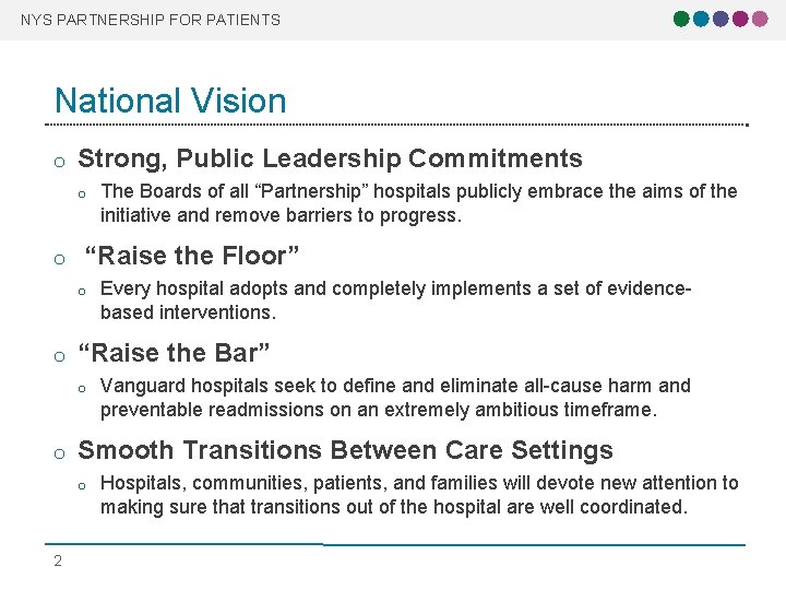 NYS PARTNERSHIP FOR PATIENTS National Vision o Strong, Public Leadership Commitments o o “Raise NYS PARTNERSHIP FOR PATIENTS National Vision o Strong, Public Leadership Commitments o o “Raise