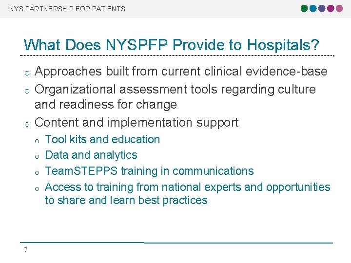 NYS PARTNERSHIP FOR PATIENTS What Does NYSPFP Provide to Hospitals? o o o Approaches NYS PARTNERSHIP FOR PATIENTS What Does NYSPFP Provide to Hospitals? o o o Approaches