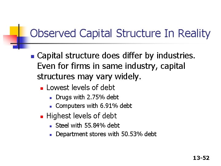 Observed Capital Structure In Reality n Capital structure does differ by industries. Even for Observed Capital Structure In Reality n Capital structure does differ by industries. Even for