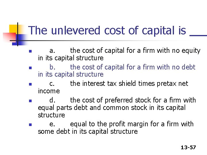The unlevered cost of capital is n n n a. the cost of capital The unlevered cost of capital is n n n a. the cost of capital