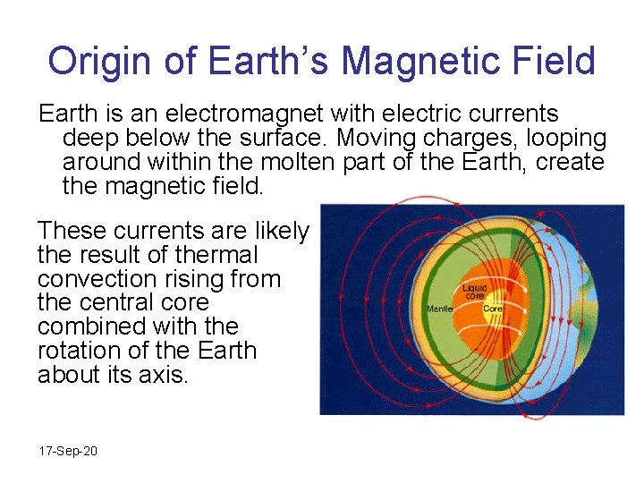 Origin of Earth’s Magnetic Field Earth is an electromagnet with electric currents deep below