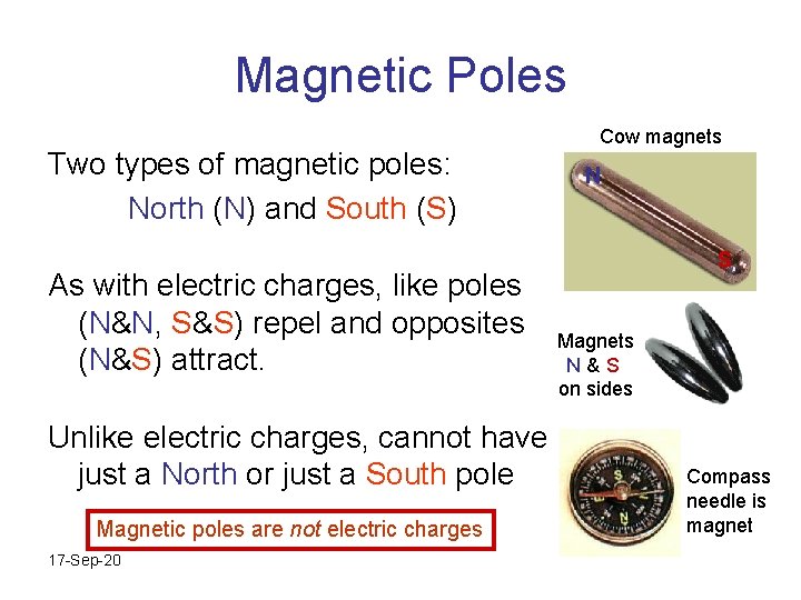 Magnetic Poles Two types of magnetic poles: North (N) and South (S) As with