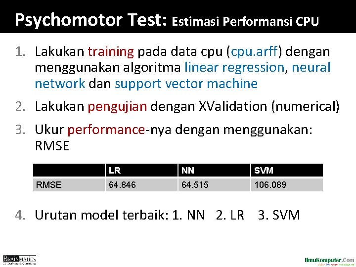 Psychomotor Test: Estimasi Performansi CPU 1. Lakukan training pada data cpu (cpu. arff) dengan