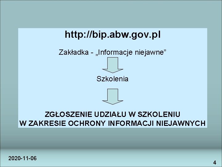 http: //bip. abw. gov. pl Zakładka - „Informacje niejawne” Szkolenia ZGŁOSZENIE UDZIAŁU W SZKOLENIU