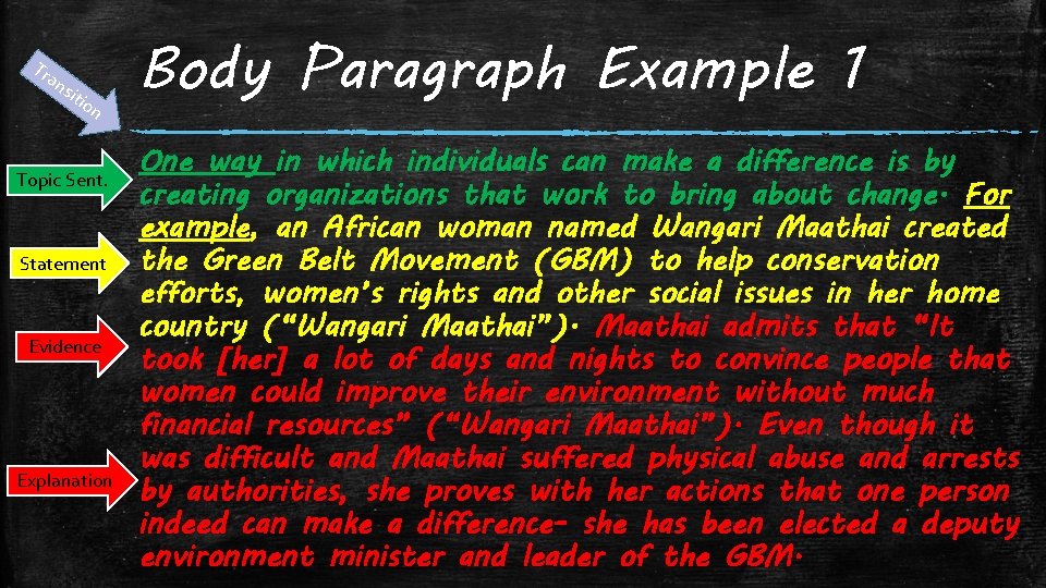 Tr an sit ion Topic Sent. Statement Evidence Explanation Body Paragraph Example 1 One