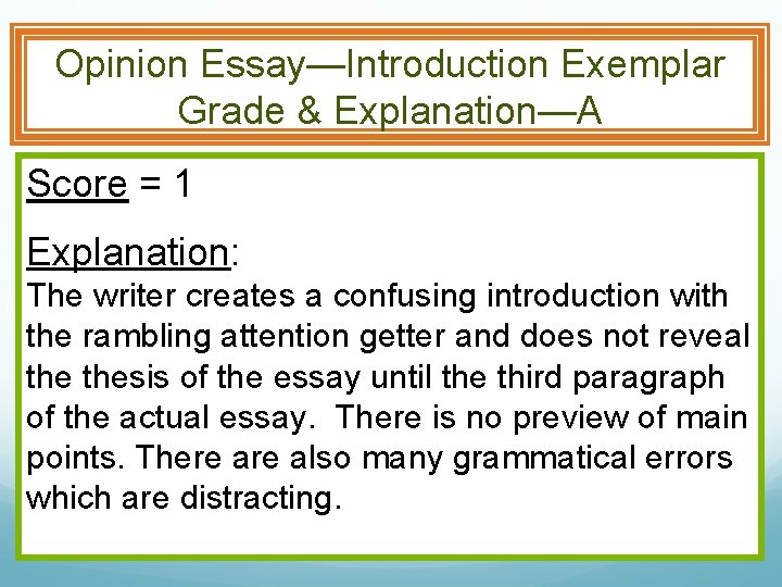 Opinion Essay—Introduction Exemplar Grade & Explanation—A Score = 1 Explanation: The writer creates a