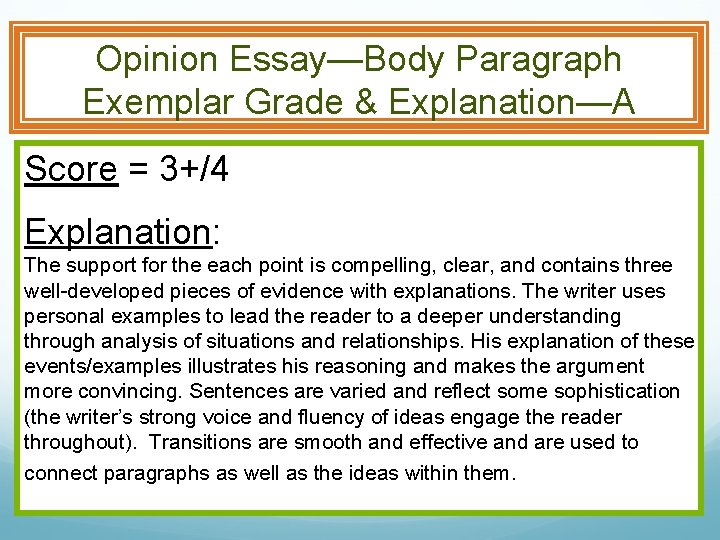 Opinion Essay—Body Paragraph Exemplar Grade & Explanation—A Score = 3+/4 Explanation: The support for