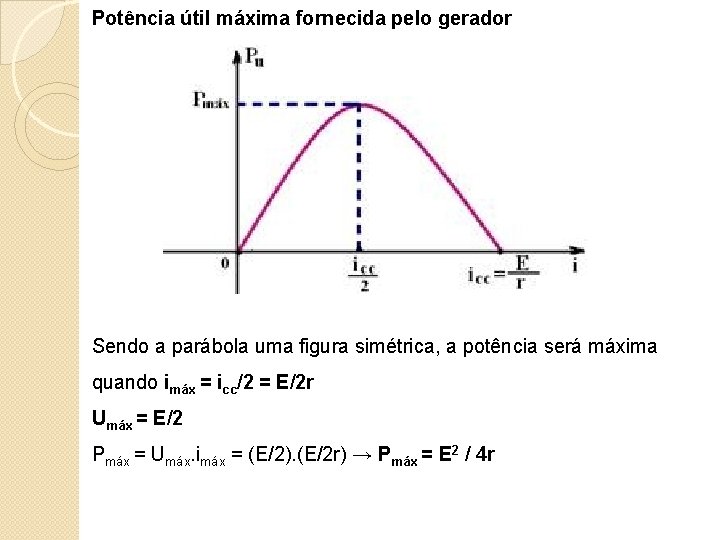 Potência útil máxima fornecida pelo gerador Sendo a parábola uma figura simétrica, a potência Potência útil máxima fornecida pelo gerador Sendo a parábola uma figura simétrica, a potência