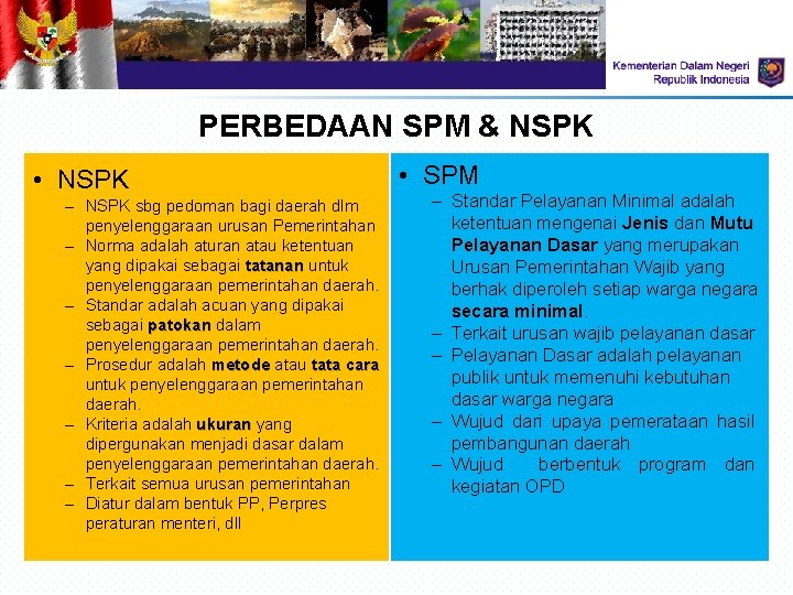 PERBEDAAN SPM & NSPK • NSPK – NSPK sbg pedoman bagi daerah dlm penyelenggaraan PERBEDAAN SPM & NSPK • NSPK – NSPK sbg pedoman bagi daerah dlm penyelenggaraan
