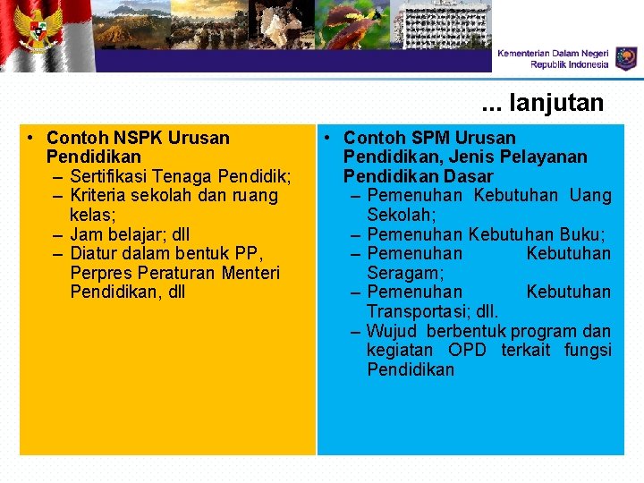 . . . lanjutan • Contoh NSPK Urusan Pendidikan – Sertifikasi Tenaga Pendidik; – . . . lanjutan • Contoh NSPK Urusan Pendidikan – Sertifikasi Tenaga Pendidik; –