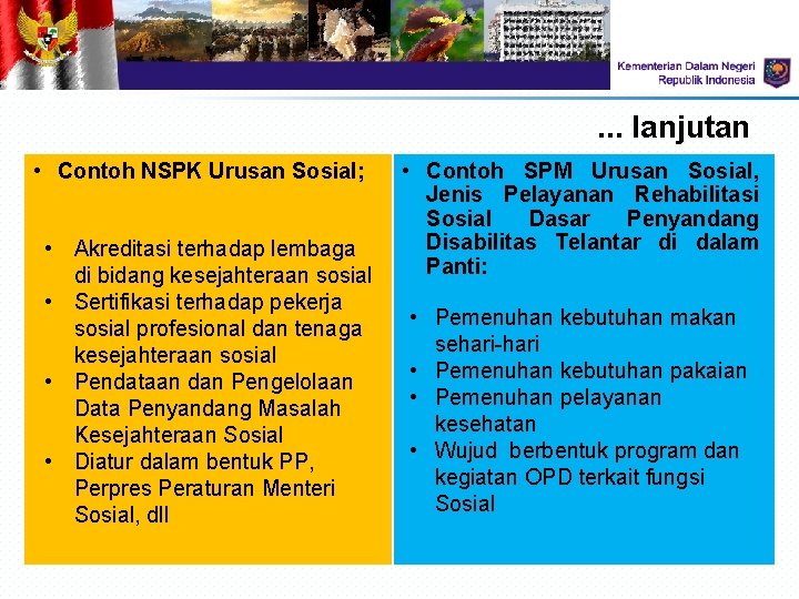 . . . lanjutan • Contoh NSPK Urusan Sosial; • Akreditasi terhadap lembaga di . . . lanjutan • Contoh NSPK Urusan Sosial; • Akreditasi terhadap lembaga di