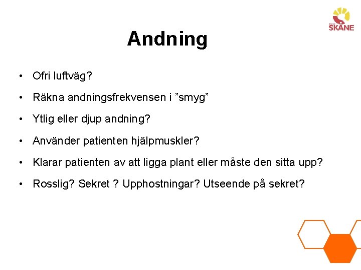 Andning • Ofri luftväg? • Räkna andningsfrekvensen i ”smyg” • Ytlig eller djup andning?