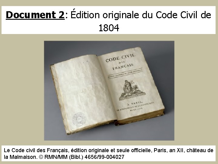 Document 2: Édition originale du Code Civil de 1804 Le Code civil des Français,