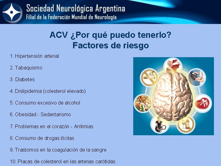 ACV ¿Por qué puedo tenerlo? Factores de riesgo 1. Hipertensión arterial 2. Tabaquismo 3.