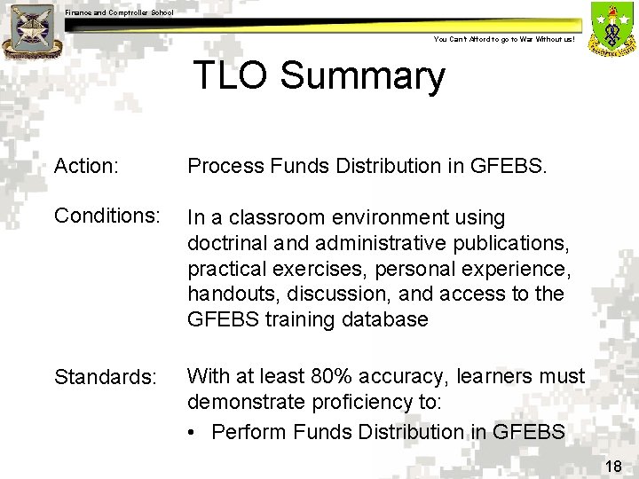 Finance and Comptroller School You Can’t Afford to go to War Without us! TLO