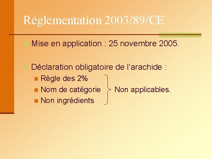 Réglementation 2003/89/CE n Mise en application : 25 novembre 2005. n Déclaration obligatoire de