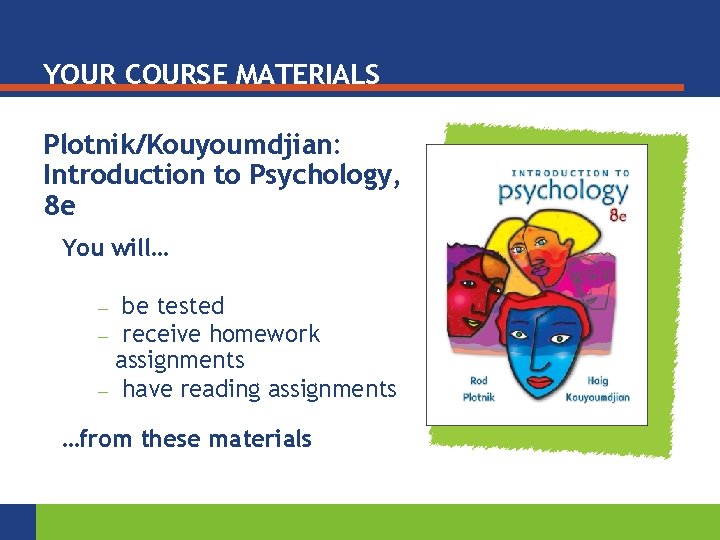 YOUR COURSE MATERIALS Plotnik/Kouyoumdjian: Introduction to Psychology, 8 e You will… be tested —