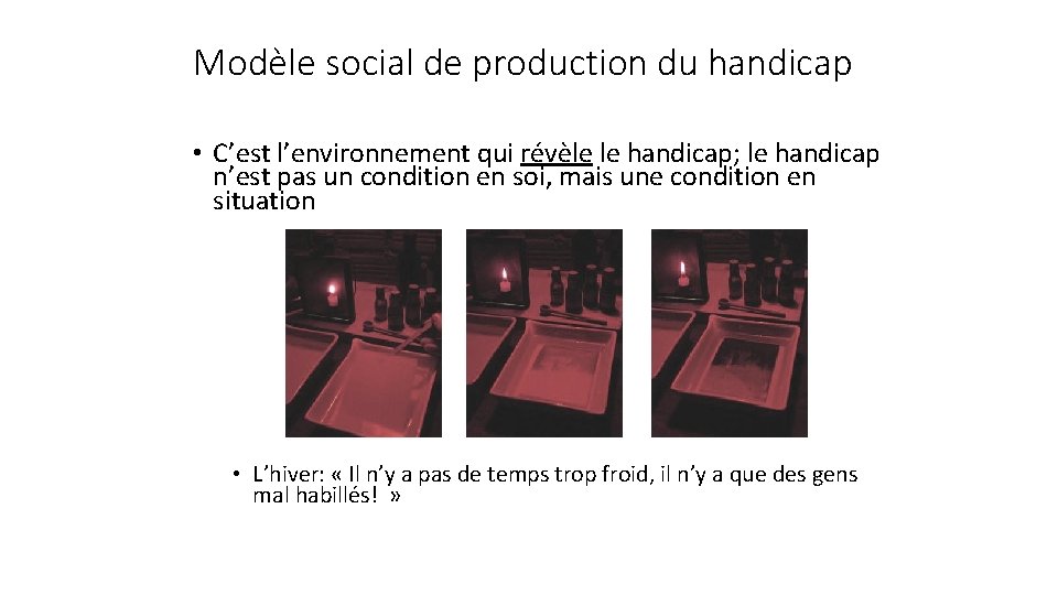 Modèle social de production du handicap • C’est l’environnement qui révèle le handicap; le