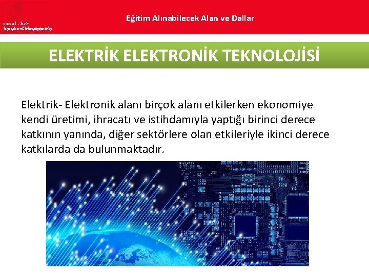 KOCAELİ – İZMİT İLÇE MİLLî EĞİTİM MÜDÜRLÜĞÜ Eğitim Alınabilecek Alan ve Dallar ELEKTRİK ELEKTRONİK