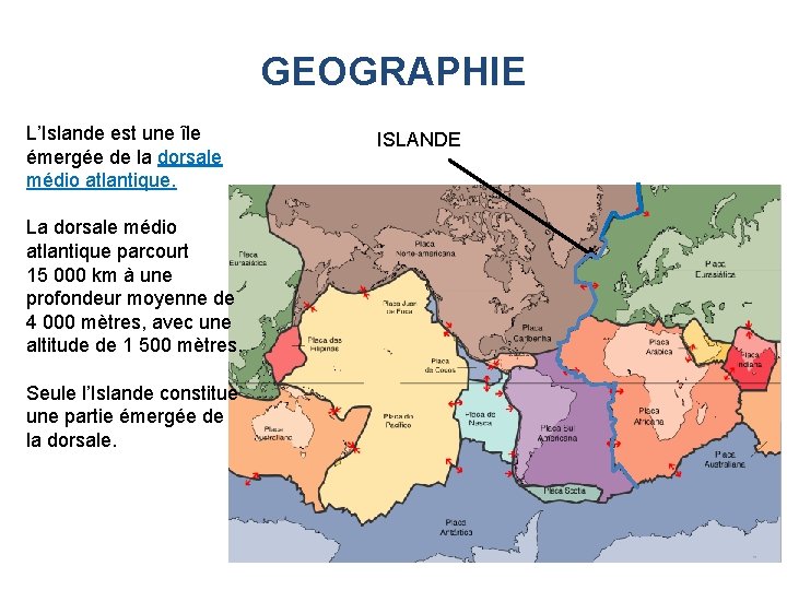 GEOGRAPHIE L’Islande est une île émergée de la dorsale médio atlantique. La dorsale médio