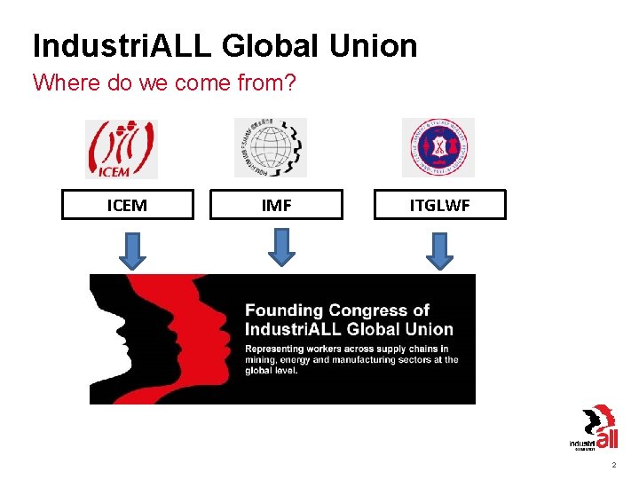 Industri. ALL Global Union Where do we come from? ICEM IMF ITGLWF 2 